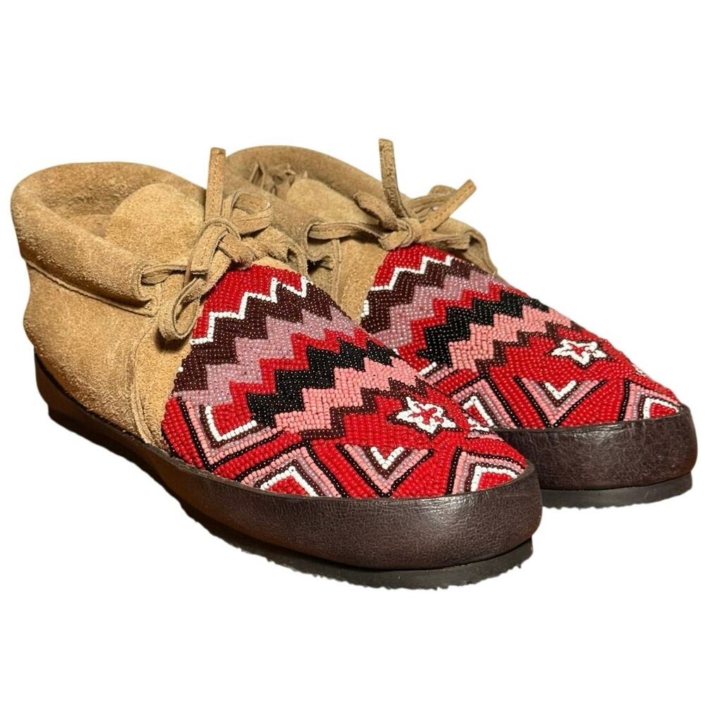 Free People Figue Desert Moccasins Boho Beaded Tan Suede Lace Up Shoes Women's 6